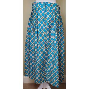 Vintage Feminine Long Pleated Floral Pink Rose Midi Blue Skirt Trad Wife Prairie